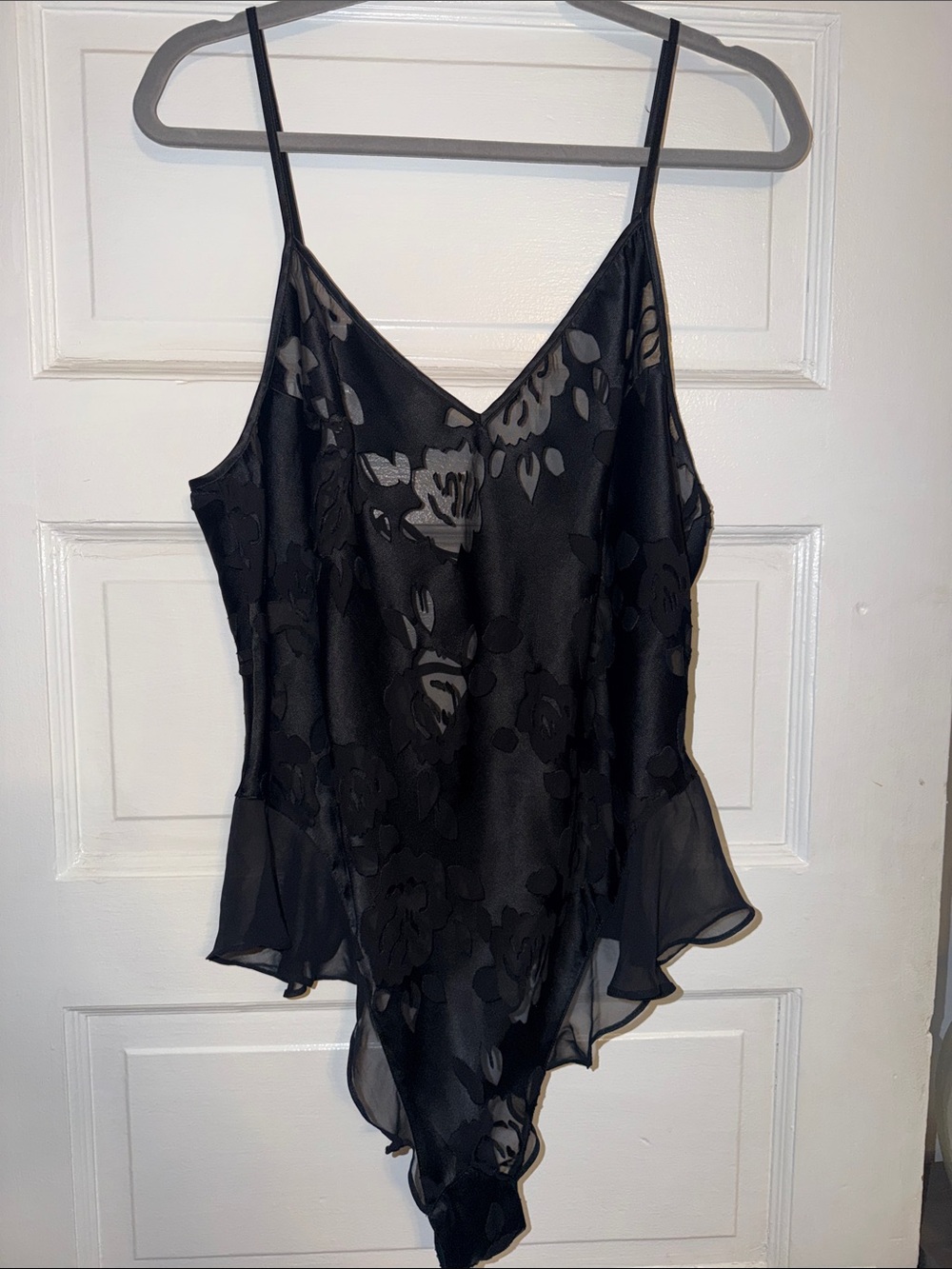 Victoria's Secret Black Floral Satin & Sheer Chiffon Slip Bodysuit